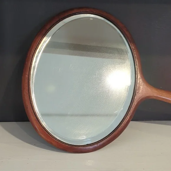Vintage Wooden Beveled Glass Hand Mirror, Vanity Hand Mirror - Picture 4 of 7